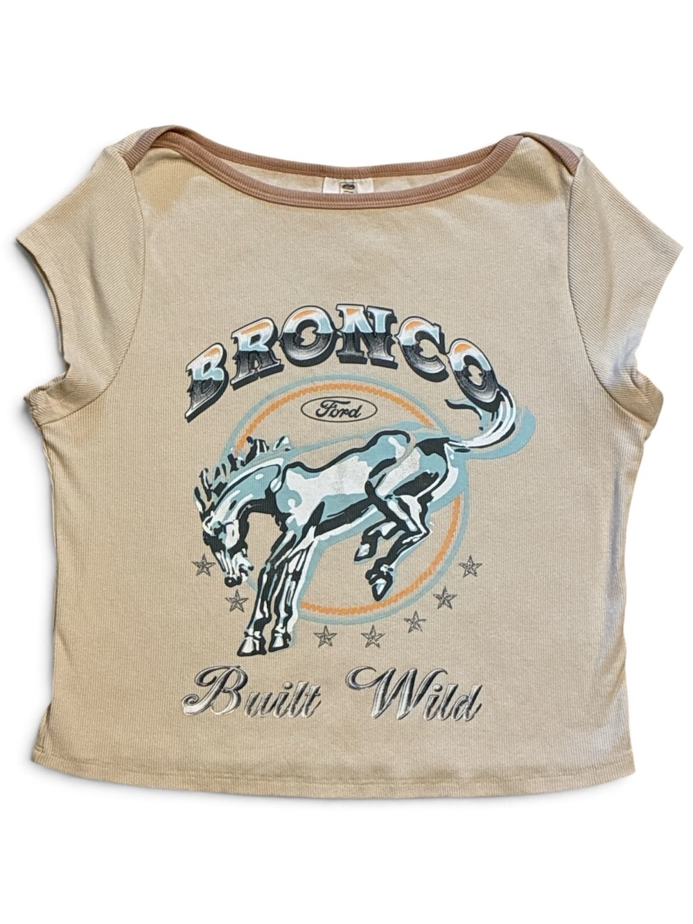Ford Beige Short Sleeve Ribbed Baby Tee Blue Tan Bronco Graphic Fitted Large